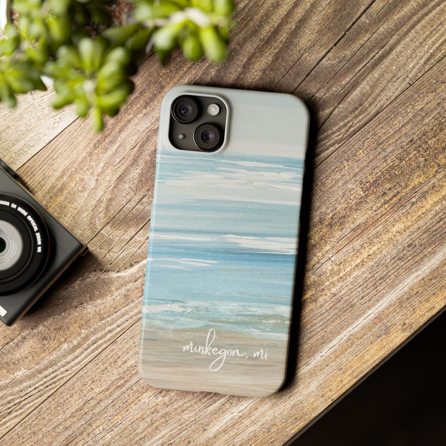 Lake Michigan Hand Painted, Muskegon Michigan Pere Marquette Beach: Slim Phone Cases