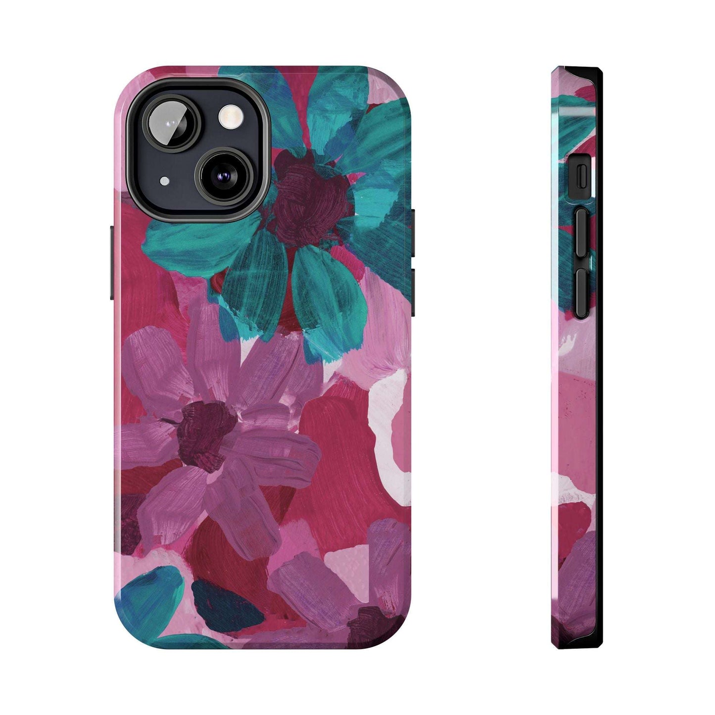 Fuchsia and Turquoise Flowers Watercolor Art: Tough Phone Cases