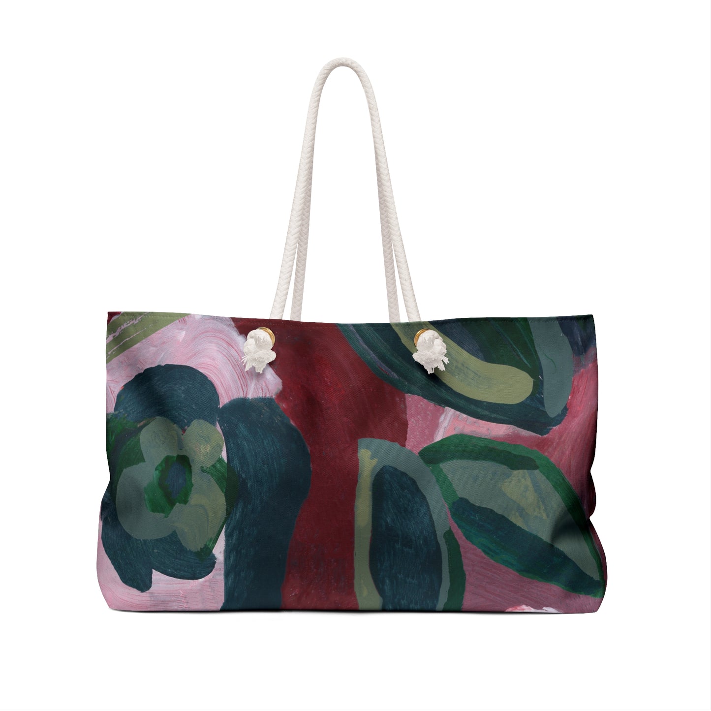 Burgundy Red Green Floral Original Art Abstract Weekender Tote Bag