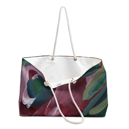 Burgundy Red Green Floral Original Art Abstract Weekender Tote Bag