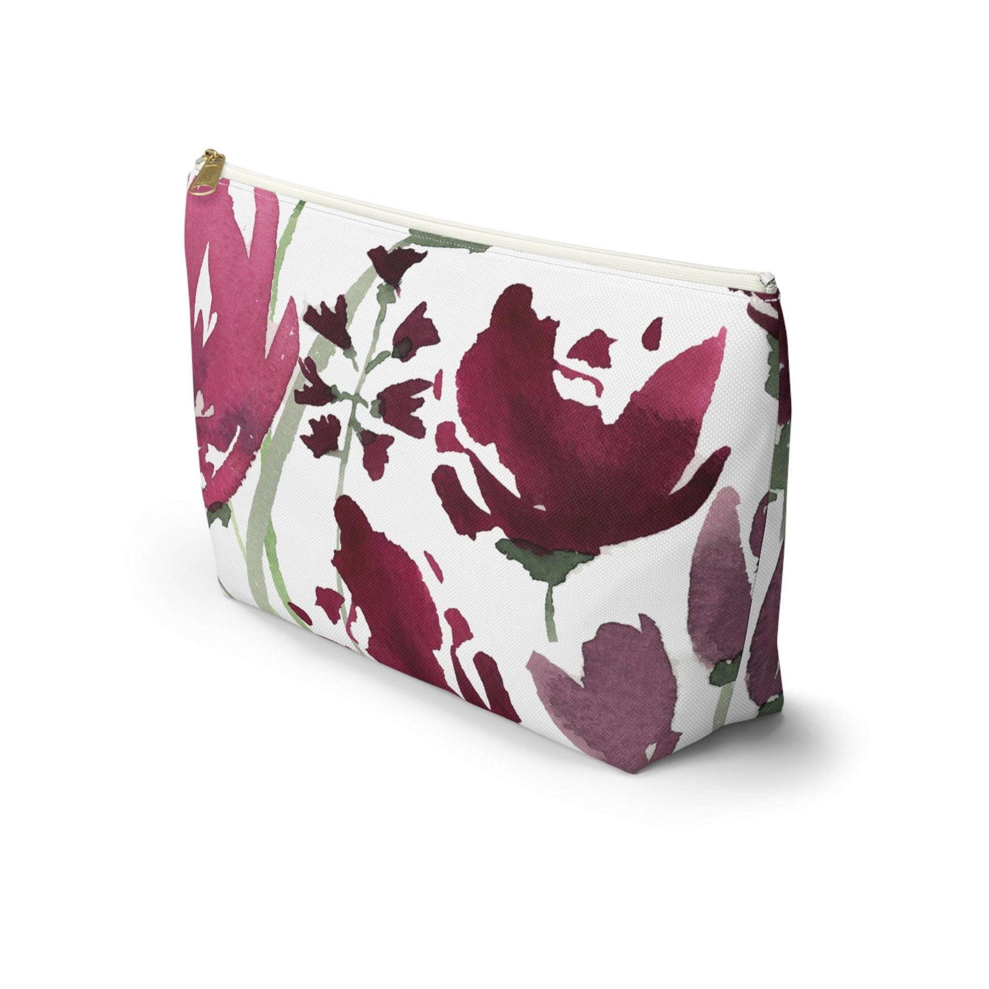 Burgundy Watercolor Floral Pink Cosmetic Travel Bag