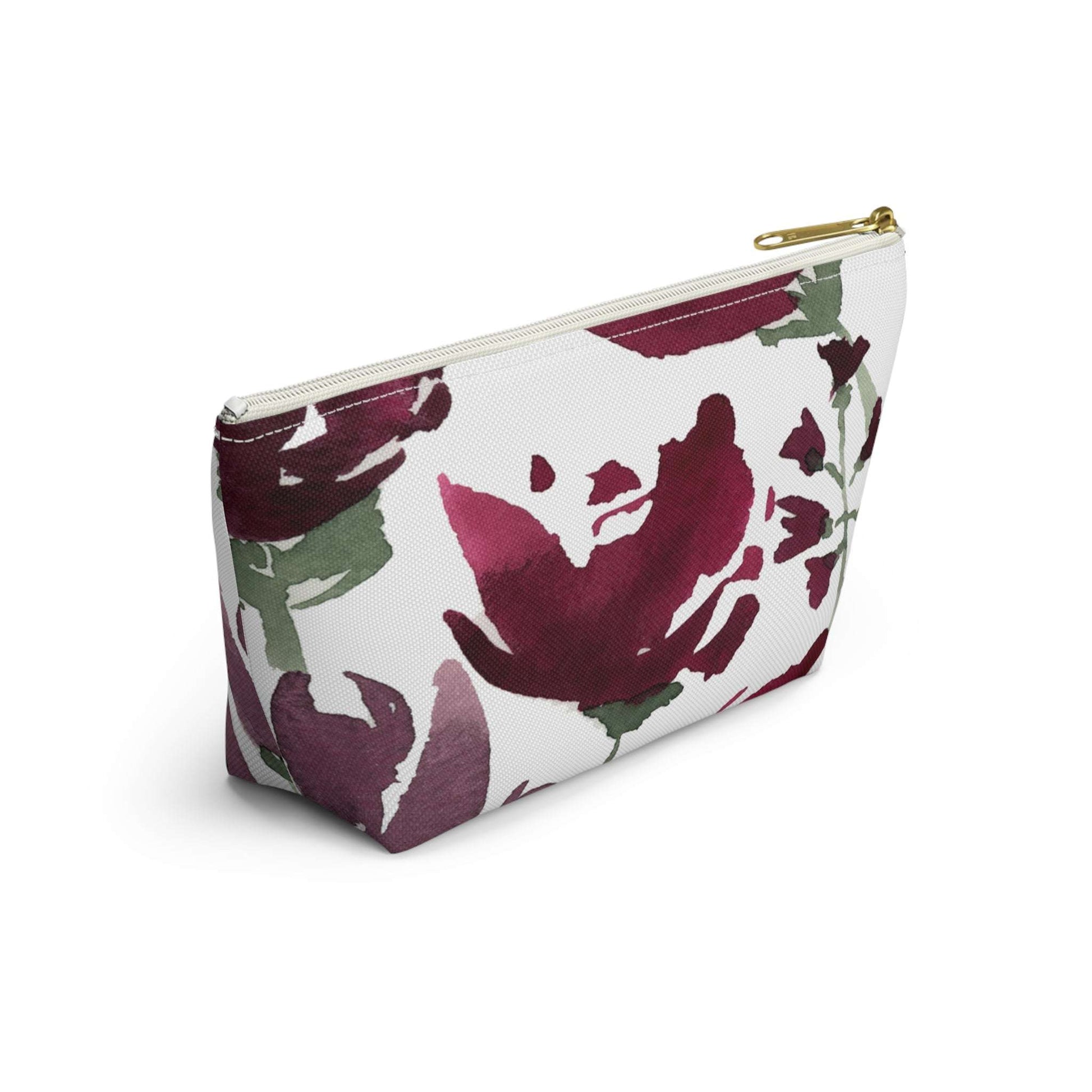 Burgundy Watercolor Floral Pink Cosmetic Travel Bag