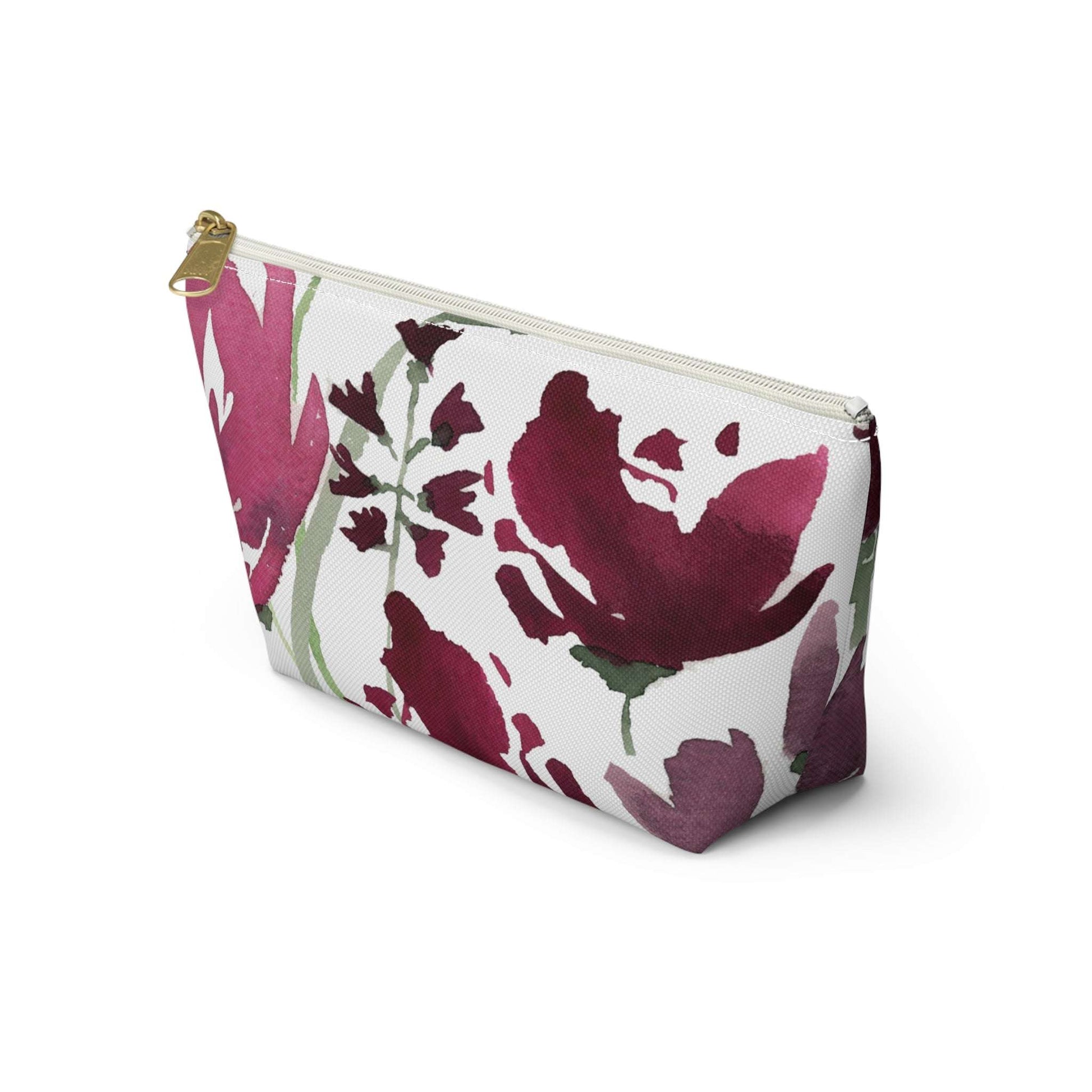 Burgundy Watercolor Floral Pink Cosmetic Travel Bag