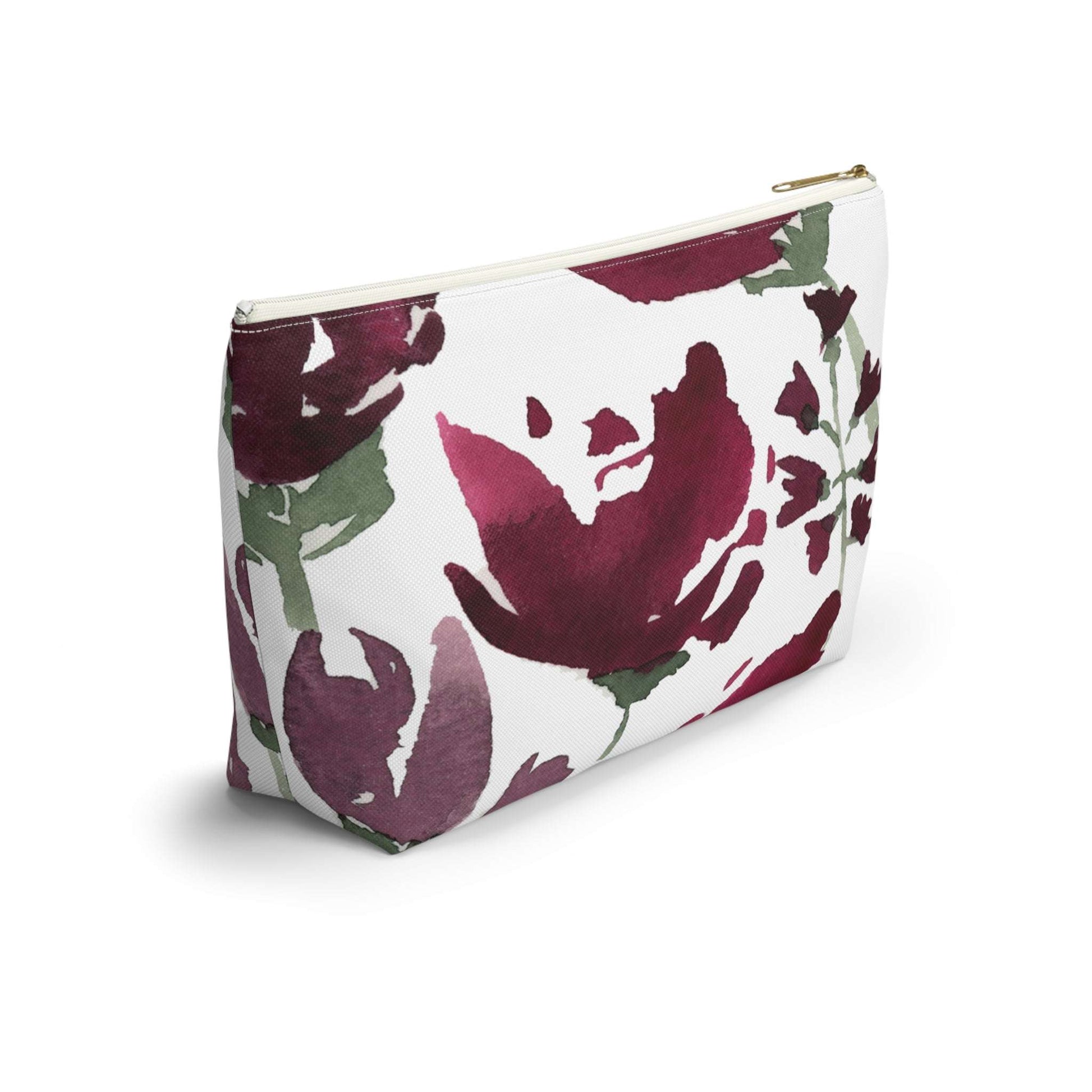Burgundy Watercolor Floral Pink Cosmetic Travel Bag