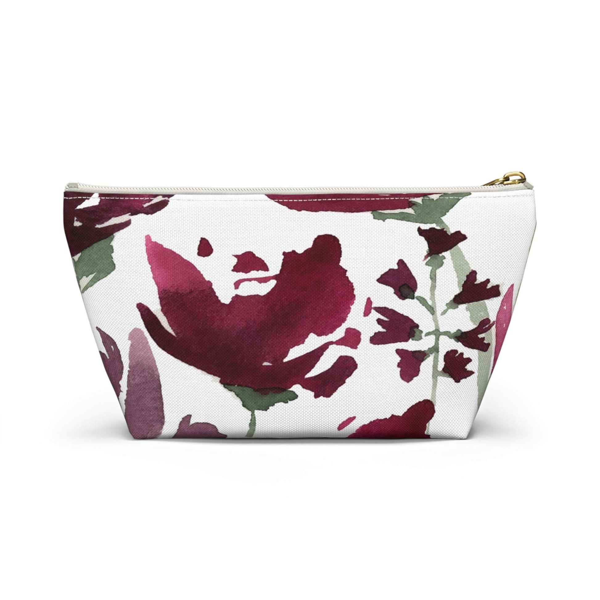 Burgundy Watercolor Floral Pink Cosmetic Travel Bag