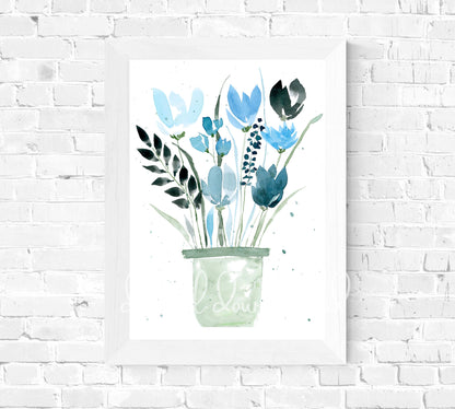 Digital Watercolor Blue Flowers Print