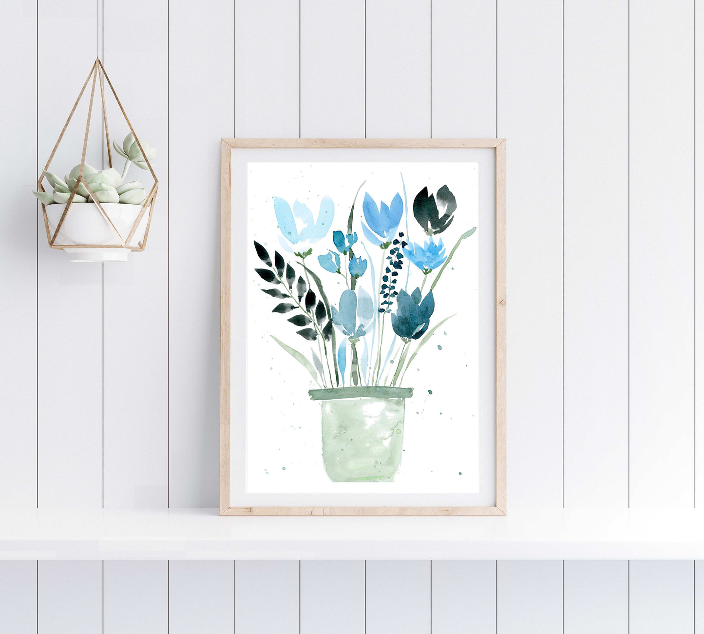 Digital Watercolor Blue Flowers Print