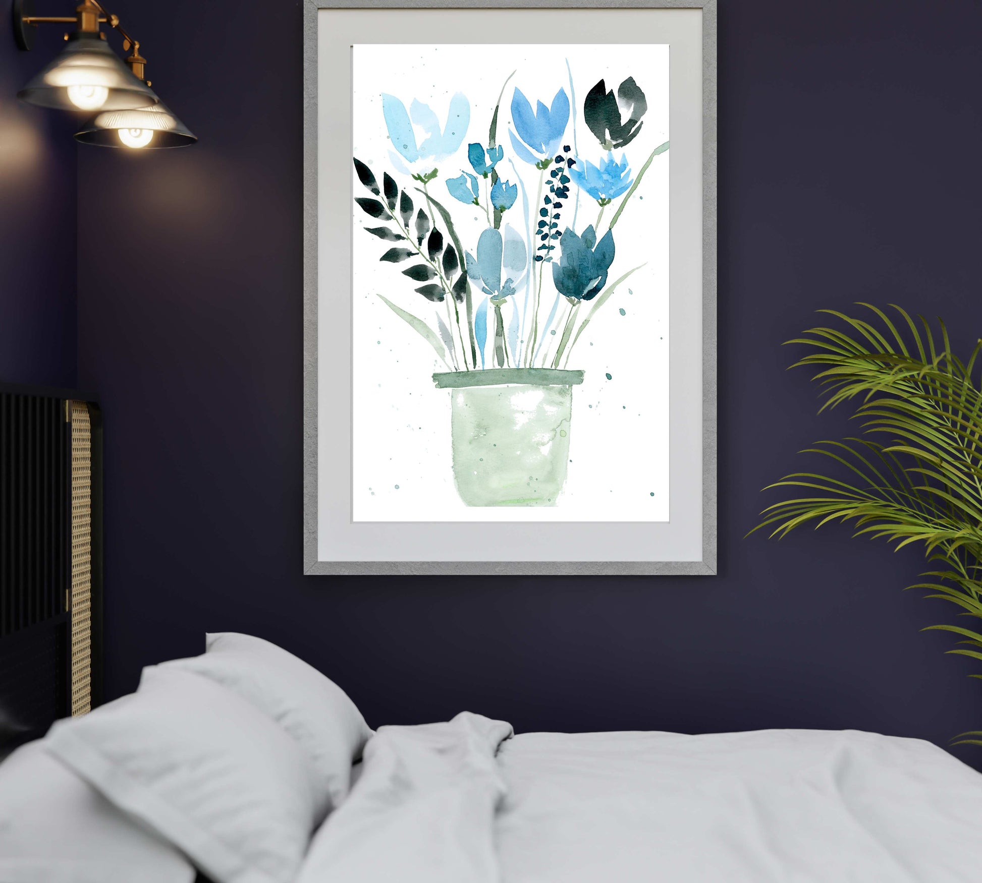 Digital Watercolor Blue Flowers Print