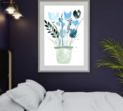 Digital Watercolor Blue Flowers Print