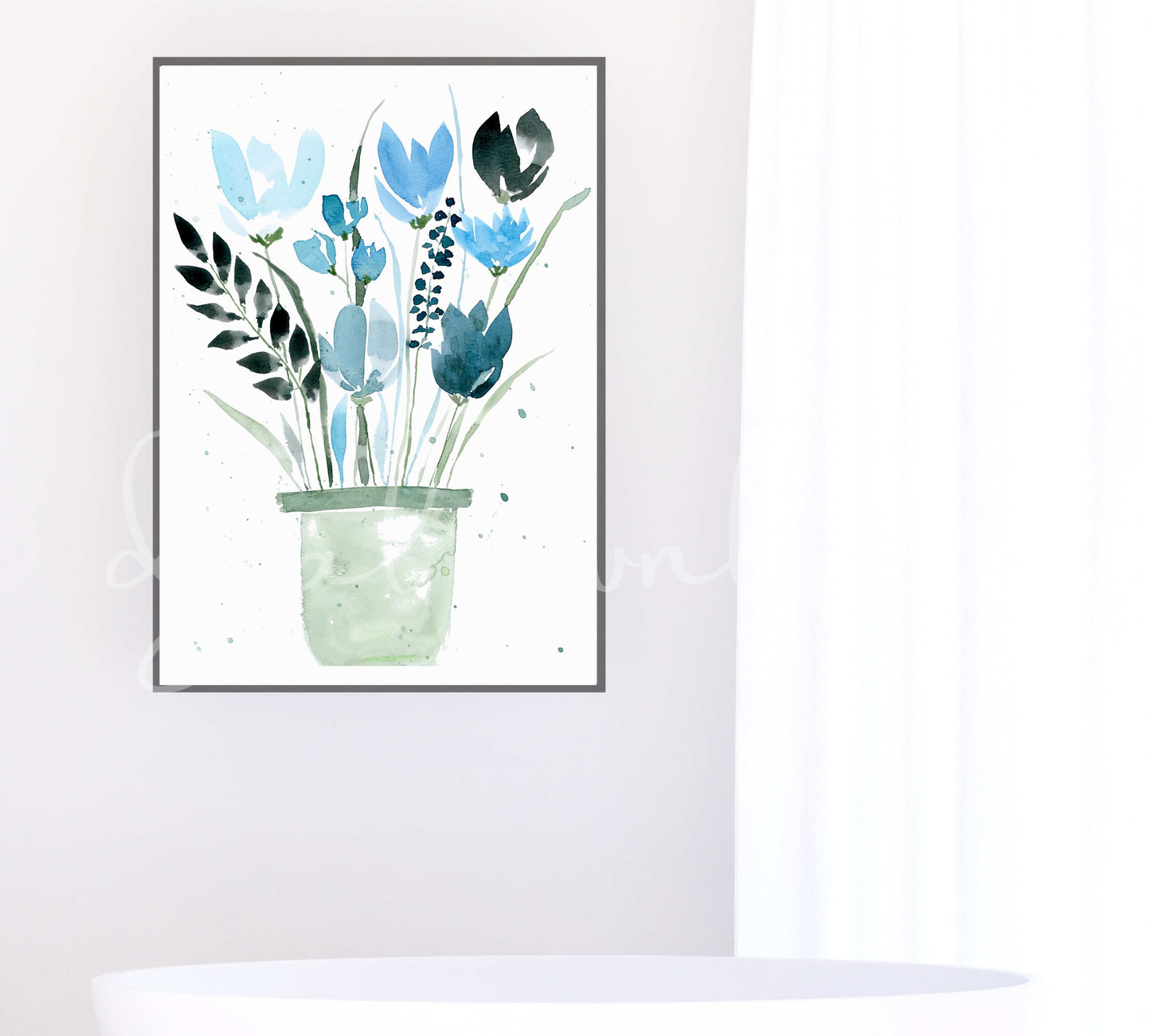 Digital Watercolor Blue Flowers Print