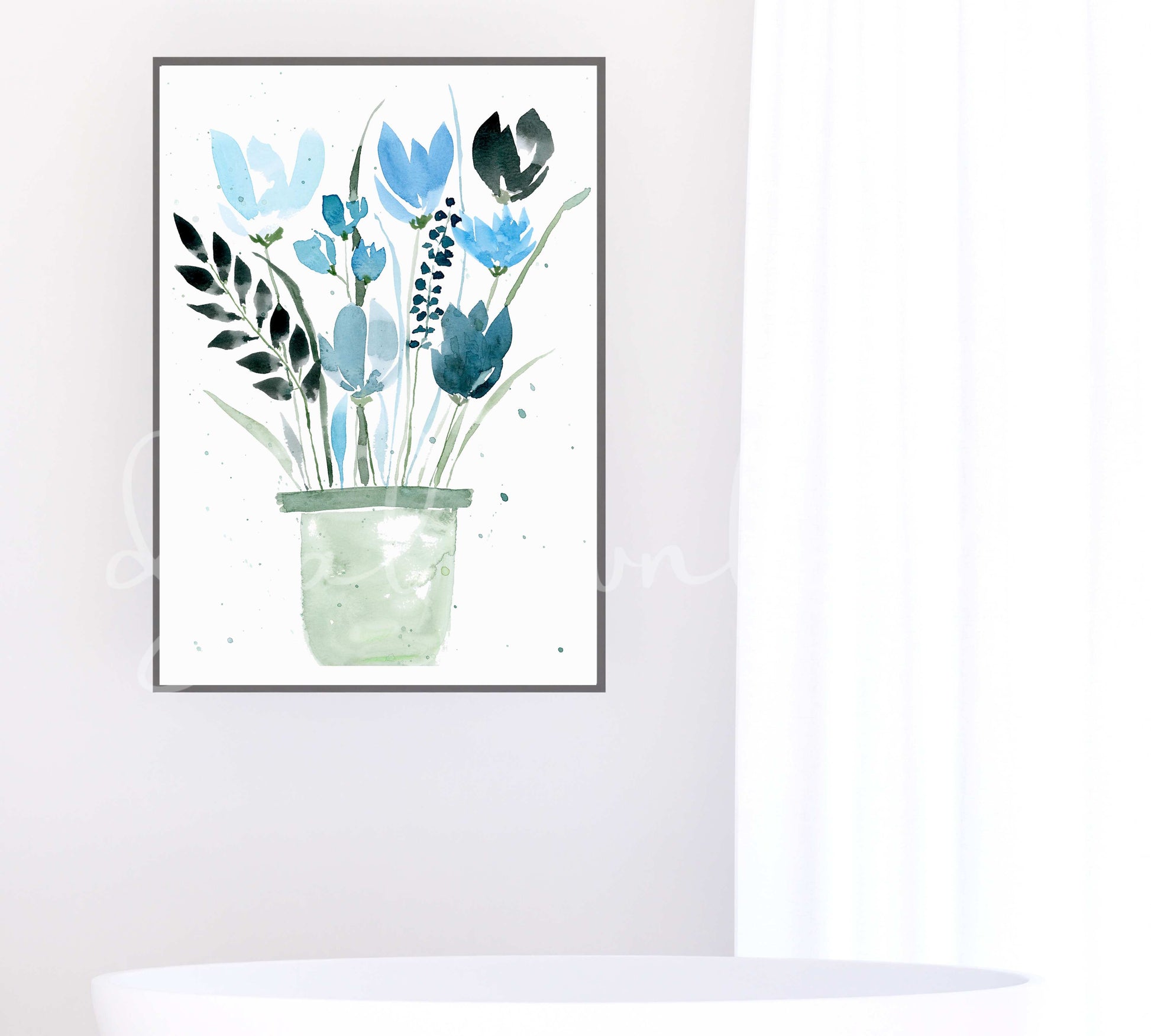 Digital Watercolor Blue Flowers Print