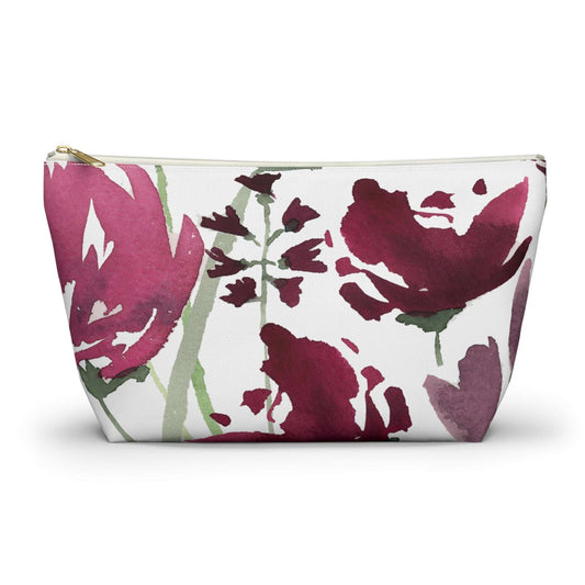 Burgundy Watercolor Floral Pink Cosmetic Travel Bag