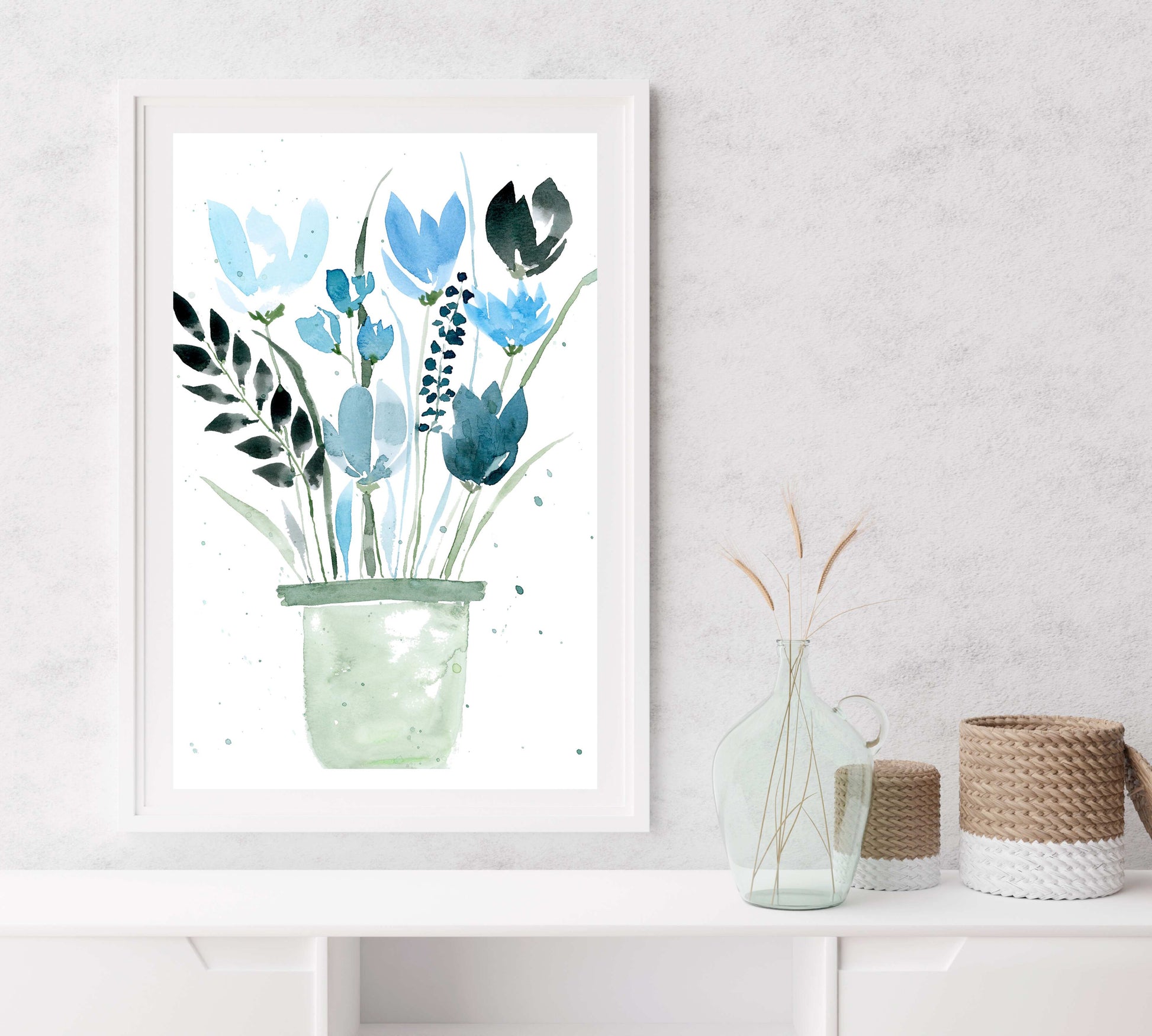 Digital Watercolor Blue Flowers Print