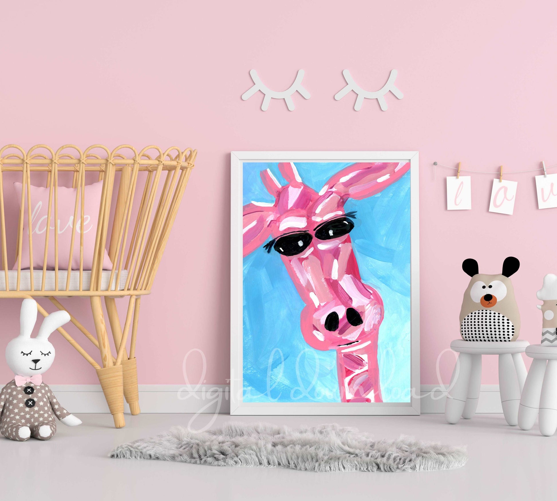 Colorful Pink Giraffe Print, Safari Nursery Decor, Animal Art Printable