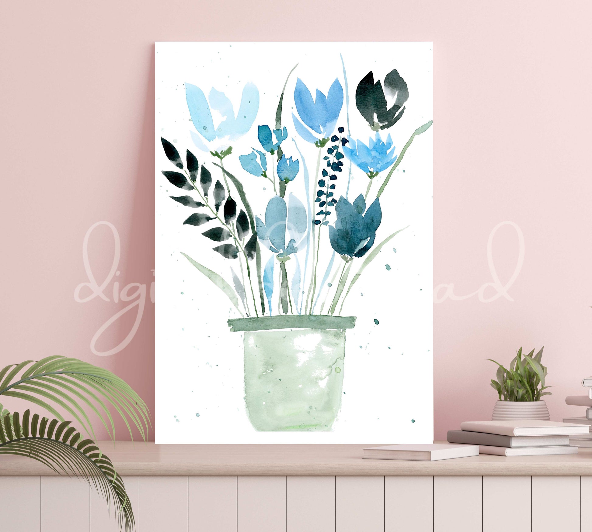 Digital Watercolor Blue Flowers Print