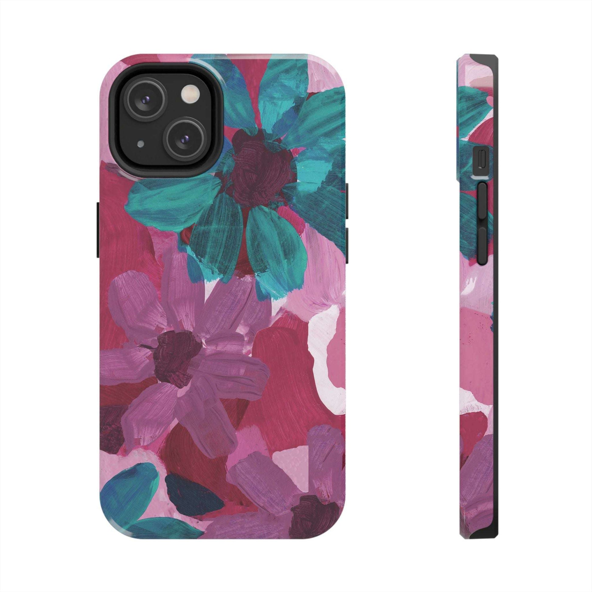 Fuchsia and Turquoise Flowers Watercolor Art: Tough Phone Cases