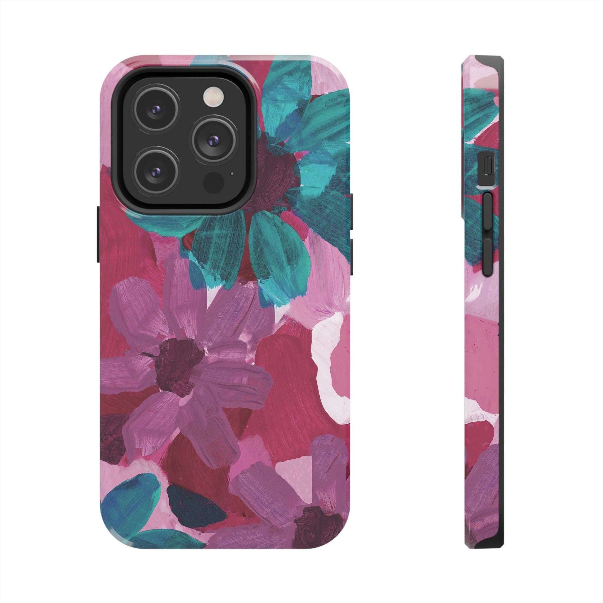 Fuchsia and Turquoise Flowers Watercolor Art: Tough Phone Cases