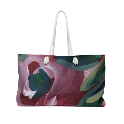 Burgundy Red Green Floral Original Art Abstract Weekender Tote Bag