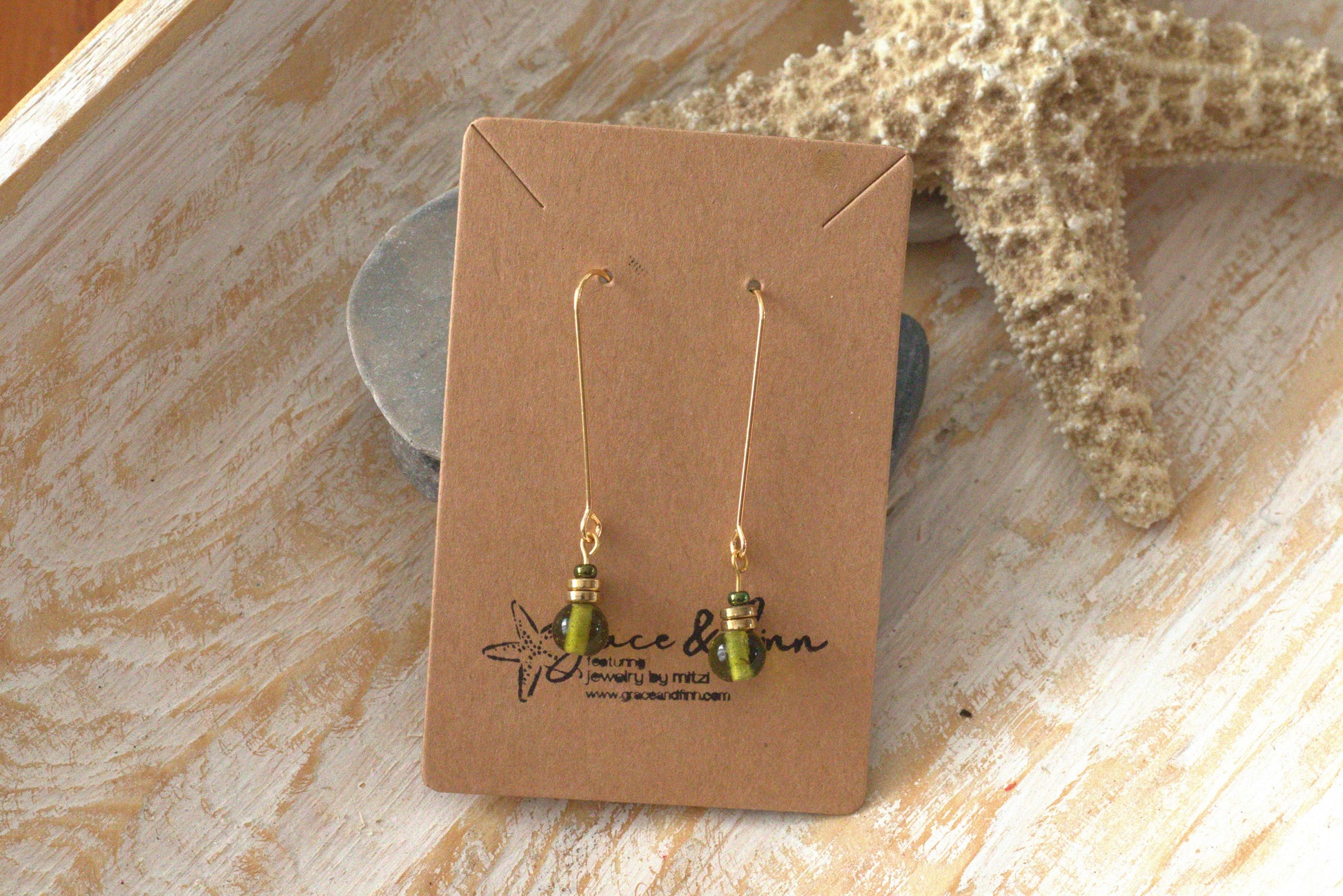 Green and Gold Glass Bead Drop Handcrafted Earrings
