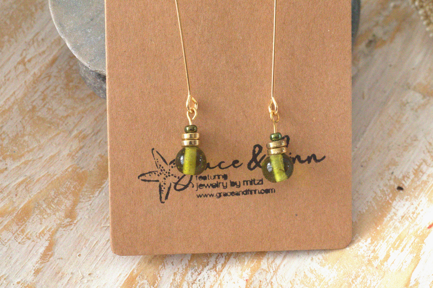Green and Gold Glass Bead Drop Handcrafted Earrings