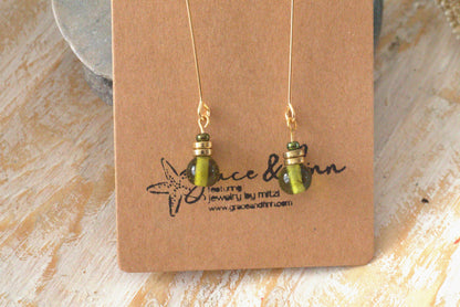 Green and Gold Glass Bead Drop Handcrafted Earrings