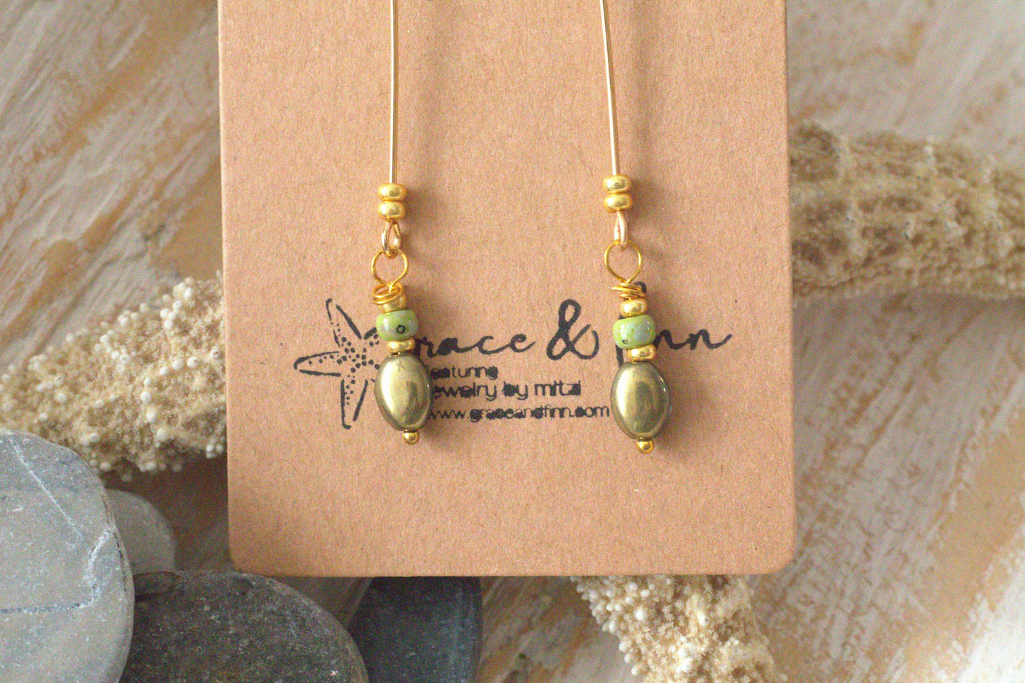 Green Metallic and Gold Bead Drop Handcrafted Earrings