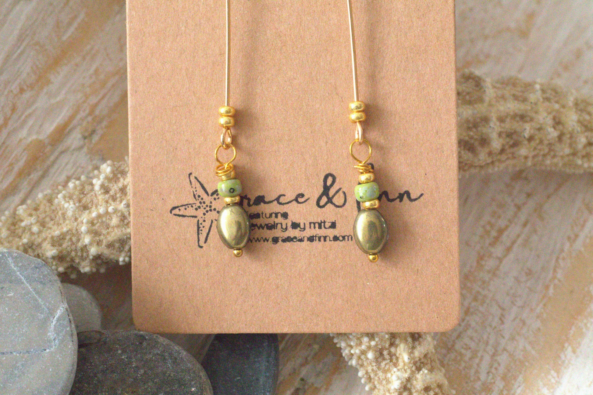 Green Metallic and Gold Bead Drop Handcrafted Earrings