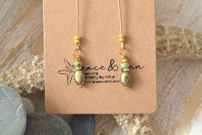 Green Metallic and Gold Bead Drop Handcrafted Earrings