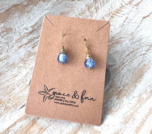 Blue Glass Lampworked Silver Foil Handcrafted Minimalist Earrings