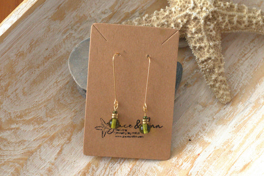 Green and Gold Glass Bead Drop Handcrafted Earrings