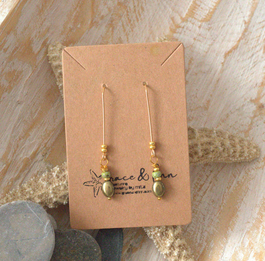 Green Metallic and Gold Bead Drop Handcrafted Earrings