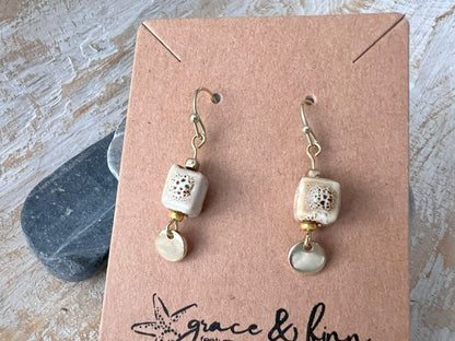 Ceramic Porcelain Off White Bead Dangle Handcrafted Minimalist Earrings