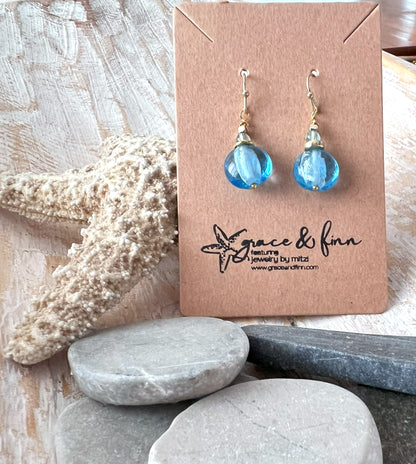 Blue Glass Foil Bead Handcrafted Drop Earrings