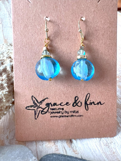 Blue Glass Foil Bead Handcrafted Drop Earrings