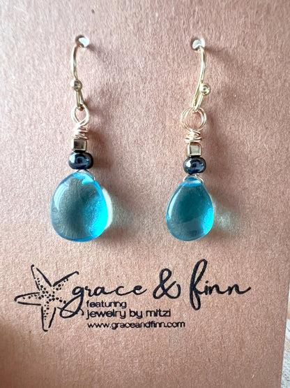 Blue Transparent Glass Bead Handcrafted Drop Earrings