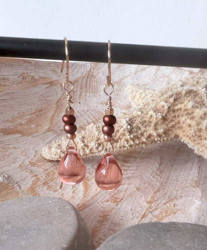 Pink Watermelon Glass Teardrop Handcrafted Bead Earrings