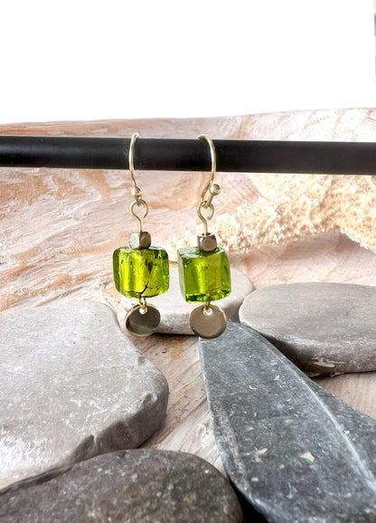 Vibrant Green Foil Square Glass Bead Drop Handcrafted Earrings