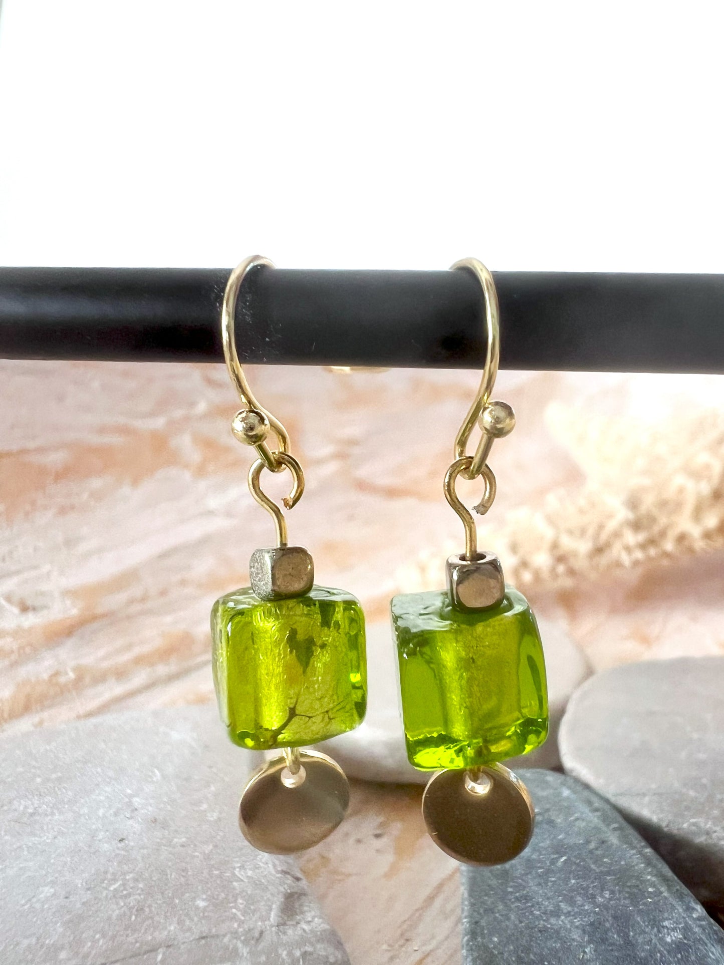 Vibrant Green Foil Square Glass Bead Drop Handcrafted Earrings