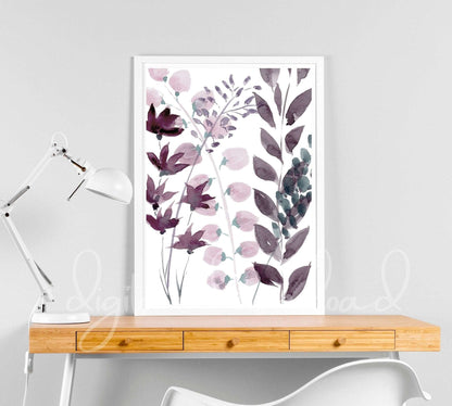 Botanical Leaves Watercolor Print, Minimalist Watercolor Painting Art, Pink Burgundy Watercolor - grace & finn