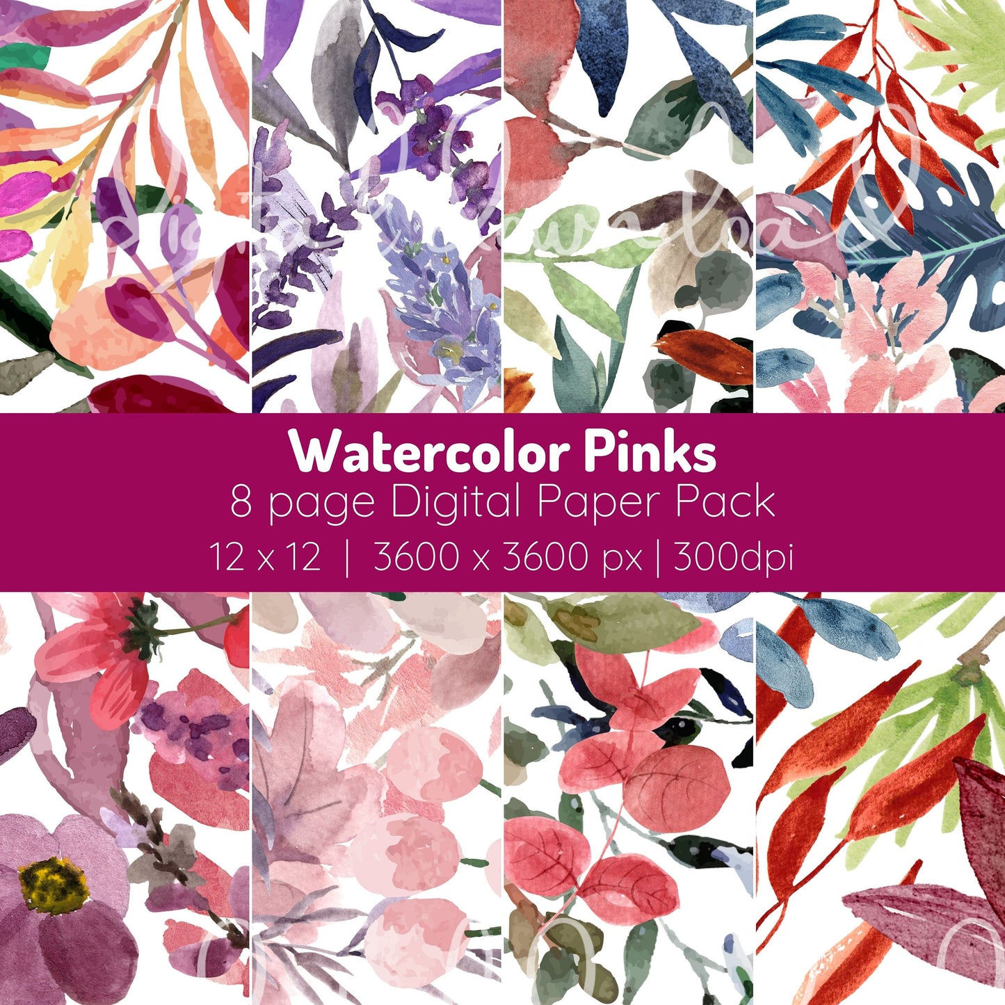 Winter Wedding Watercolor Pink Blush Botanical Tropical Leaves | Patterns Digital Paper | Scrapbook Paper | Background Digital Download