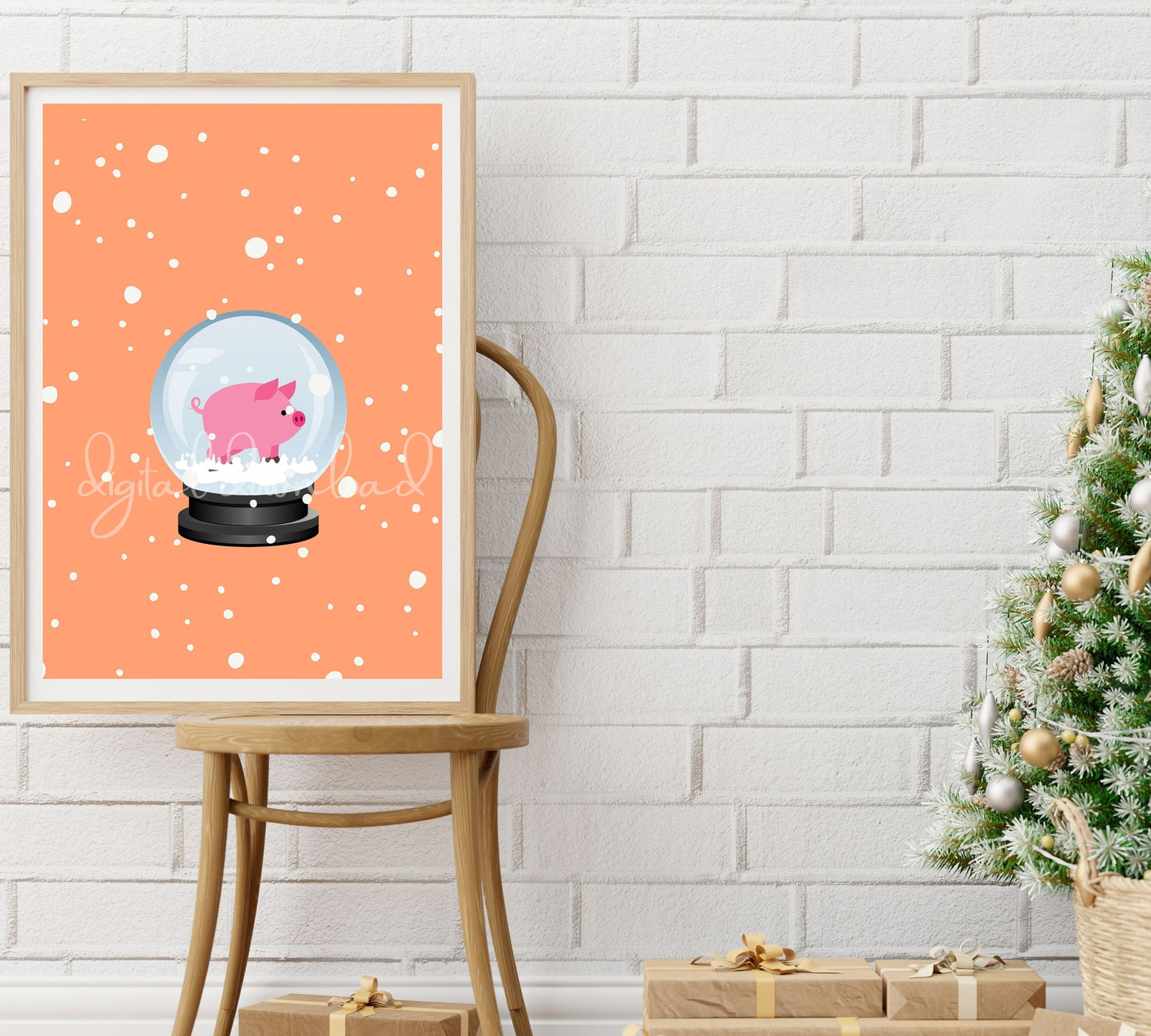 Christmas Printable Wall Art, Bedroom Art Print, Pig in Snow Globe, Living Room Print, Instant Download, Home Office Decor, Holiday Decor