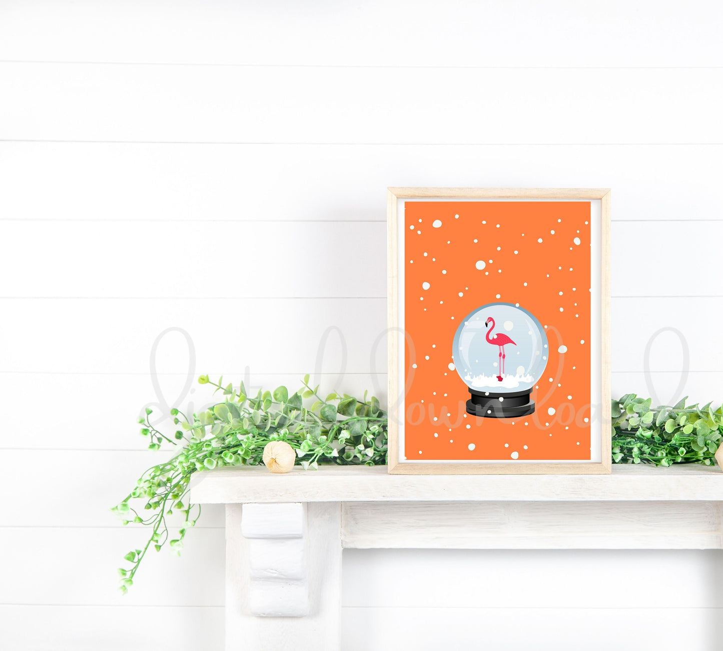Printable Holiday Wall Art, Nursery Art Print, Living Room Print, Instant Download, Office Decor, Christmas Flamingo in Snow Globe Decor