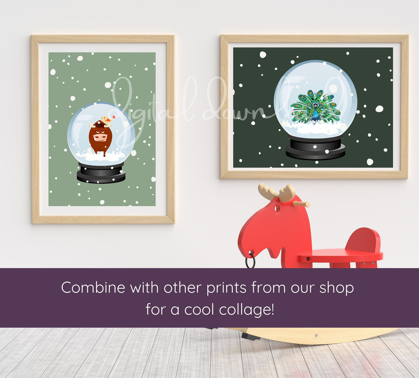 Christmas Printable Wall Art, Bedroom Art Print, Peacock in Snow Globe, Living Room Print, Instant Download, Office Decor, Holiday Decor