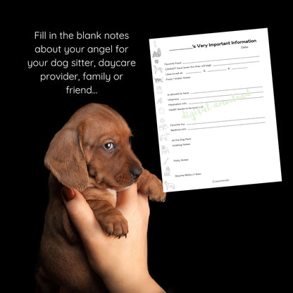Doggie Daycare Information Sheet | Dog Puppy Walking Dog Boarding Data, Digital Download Instant Printable, Pet Sitter, Funny Dog Care Sheet