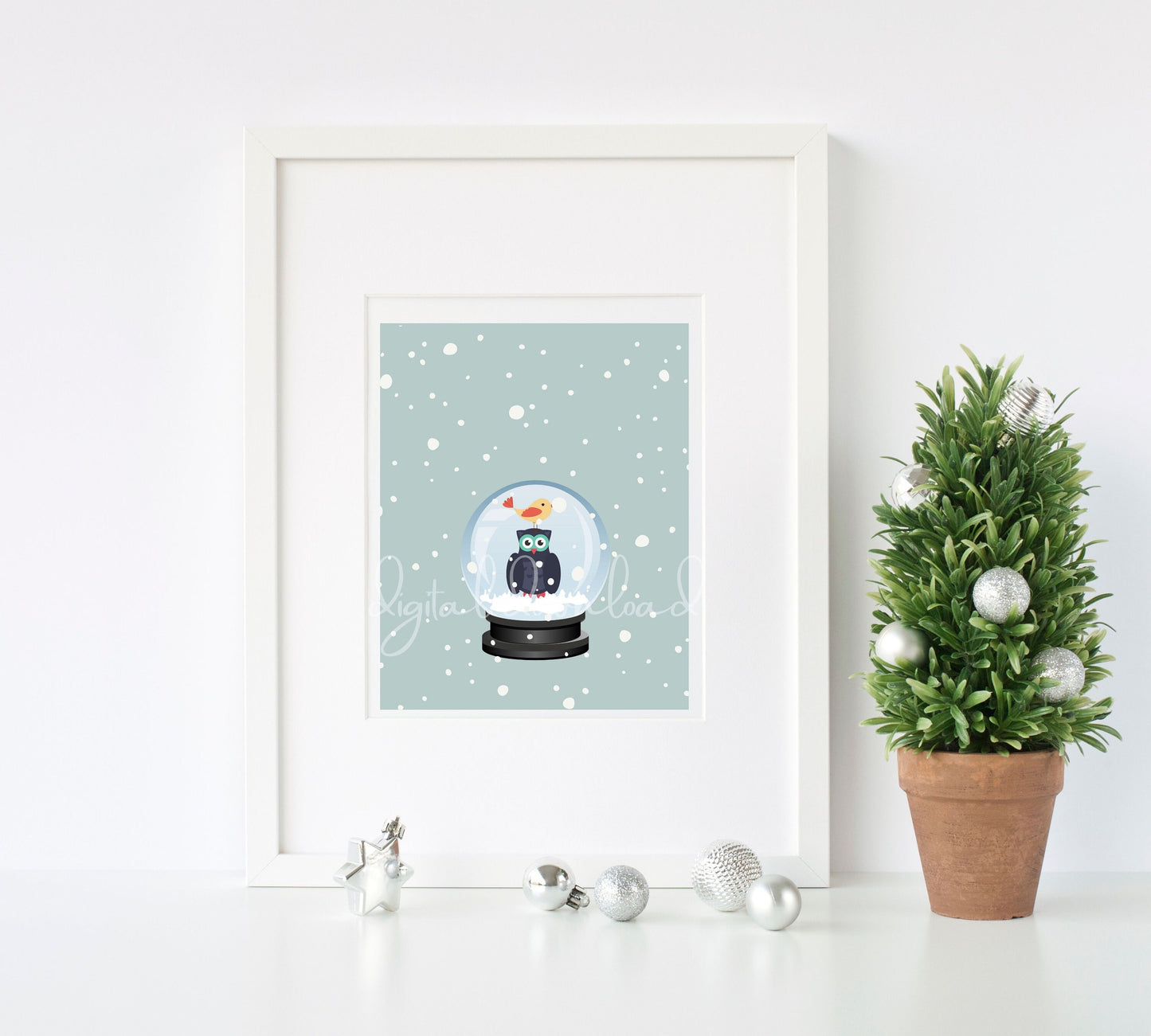 Christmas Printable Wall Art, Bedroom Art Print, Owl in Snow Globe, Living Room Print, Instant Download, Home Office Decor, Holiday Decor