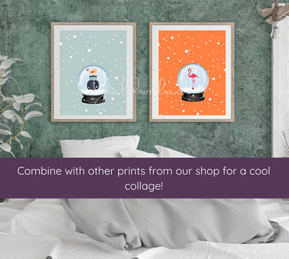 Printable Holiday Wall Art, Nursery Art Print, Living Room Print, Instant Download, Office Decor, Christmas Flamingo in Snow Globe Decor