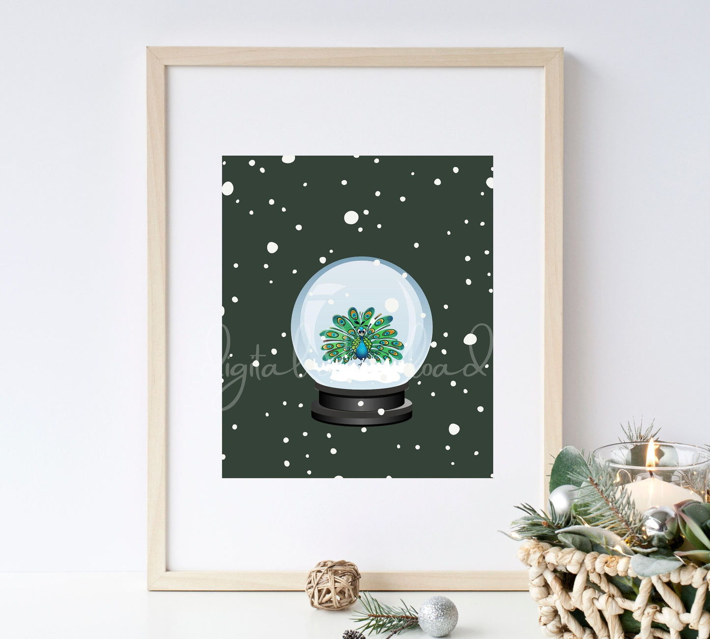 Christmas Printable Wall Art, Bedroom Art Print, Peacock in Snow Globe, Living Room Print, Instant Download, Office Decor, Holiday Decor