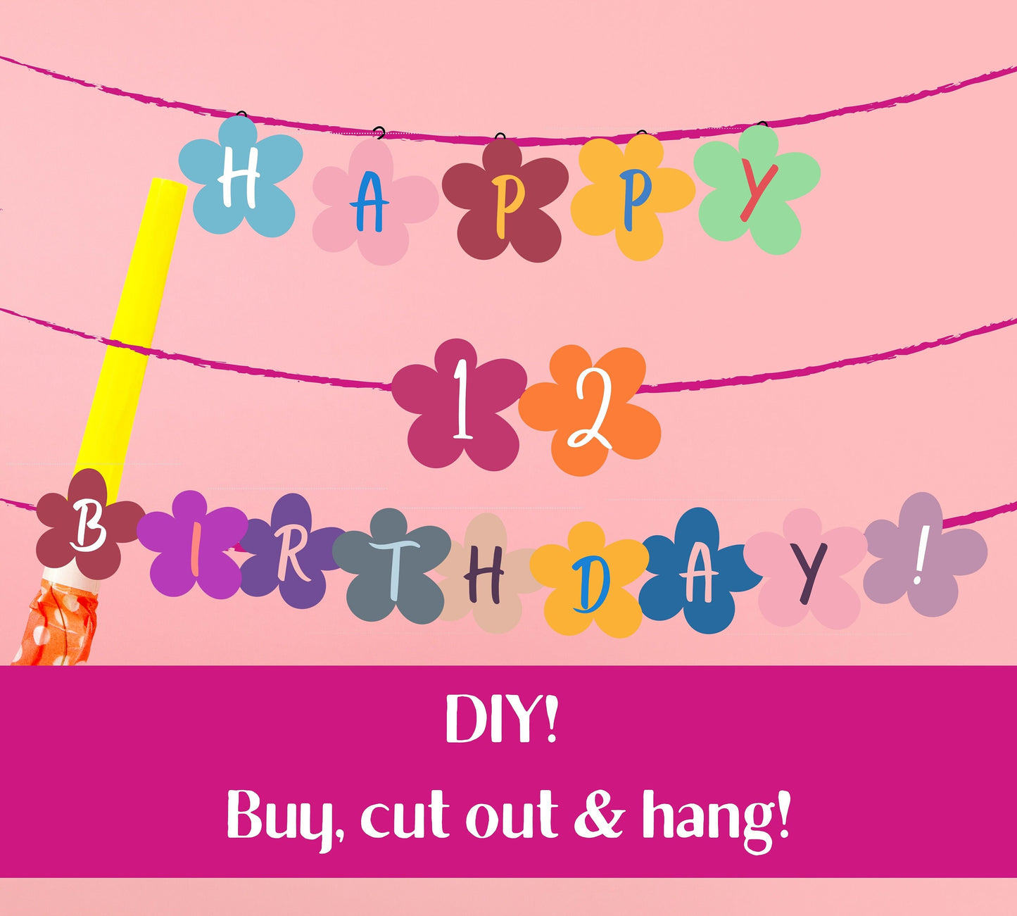 Printable Happy Birthday Banner, Digital Flower Banner Instant download, DIY Ready For Printing, Reusable Kids Birthday Banner Printable